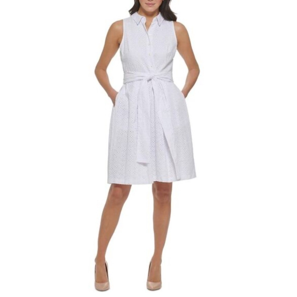 Tommy Hilfiger White Cotton Eyelet Midi Shirt Dress